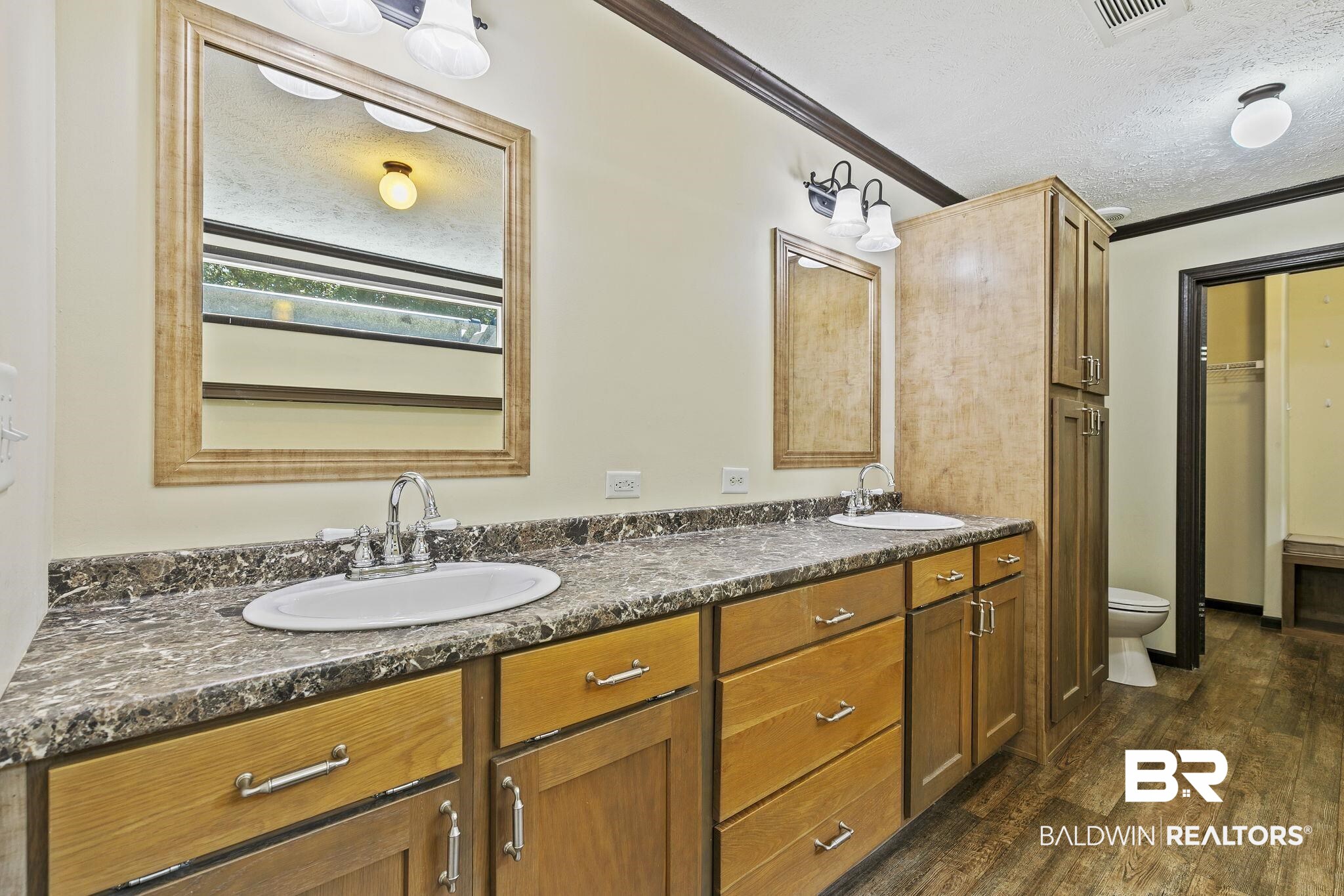 35641 County Road 39 Stapleton, AL 36578 - Photo 34 of 46 Bathroom featuring ornamental molding, hardwood / wood-style flooring, vanity, and toilet