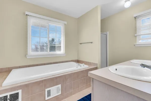 a bathroom with a tub sink and mirror
