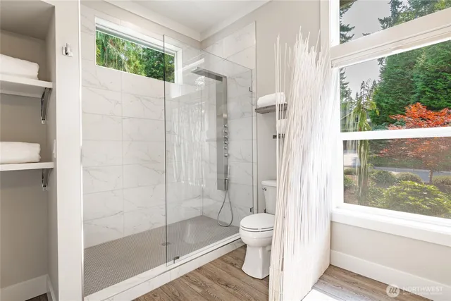 a bathroom with a shower and a toilet