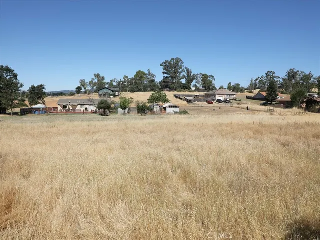 a view of a dry yard with a house