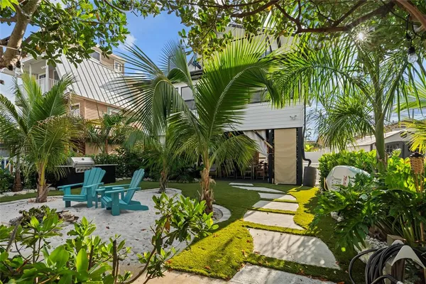 a view of a backyard with plants and swimming pool