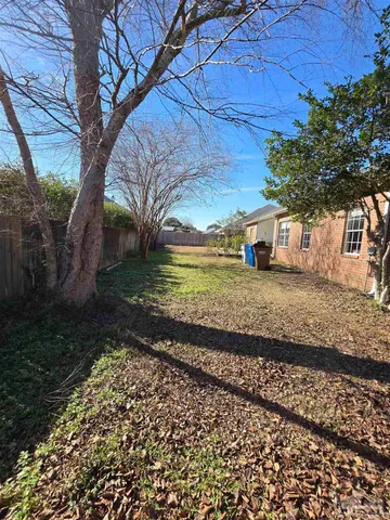 a view of a backyard with large trees