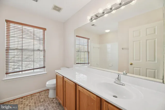 a bathroom with a sink a toilet and large mirror