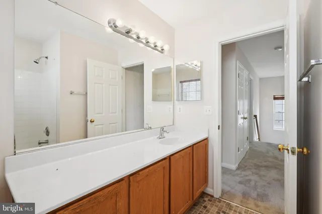 a bathroom with a double vanity sink a mirror and a shower
