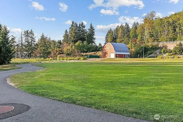 a view of a golf course with a garden