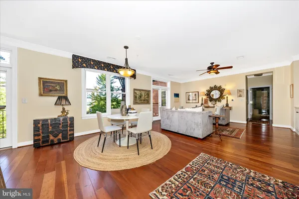 a view of a dining room with furniture
