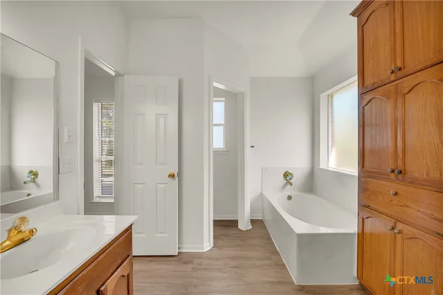 a bathroom with a tub sink and mirror
