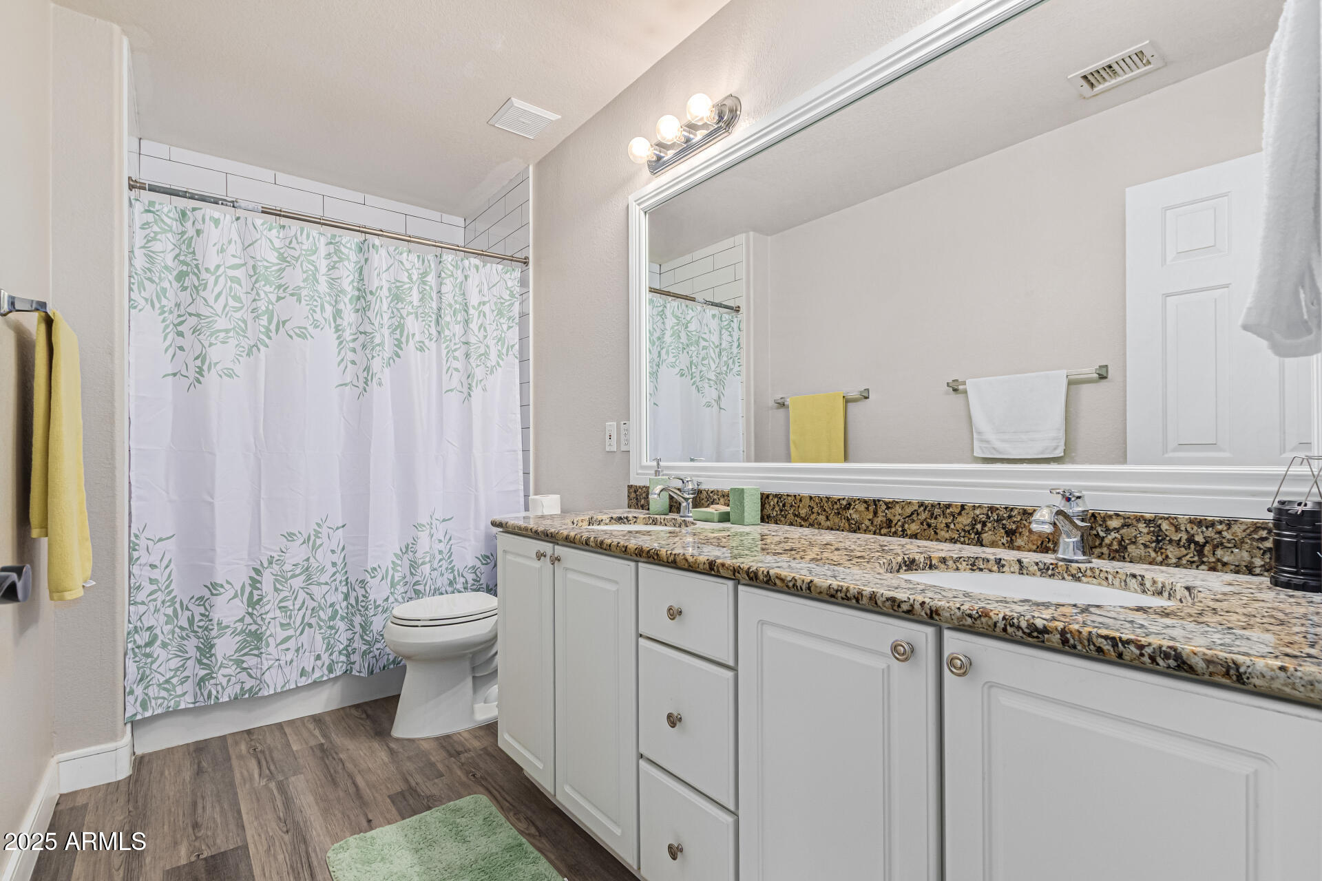 1038 East Harrison Court Gilbert, AZ 85295 - Photo 20 of 27 a bathroom with a granite countertop sink a toilet and a mirror