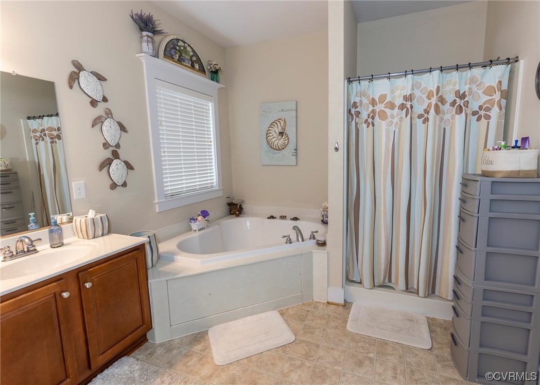 337 Shelton Place Aylett, VA 23009 - Photo 22 of 34 a bathroom with a double vanity sink a mirror a bathtub and shower