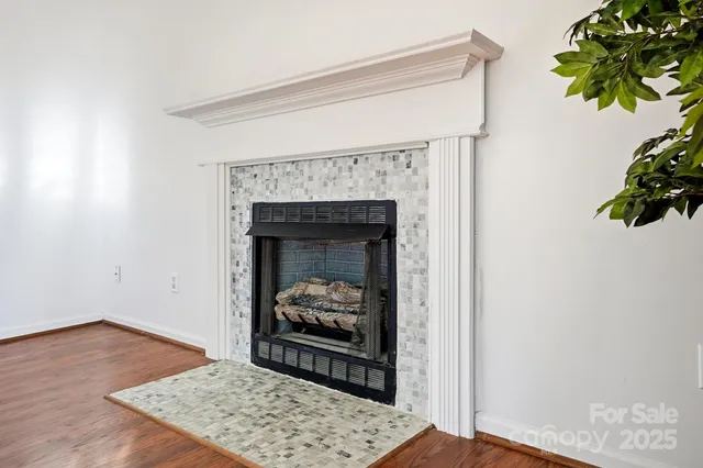 a living room with a fireplace and a potted plant