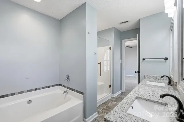 a bathroom with a tub sink and mirror