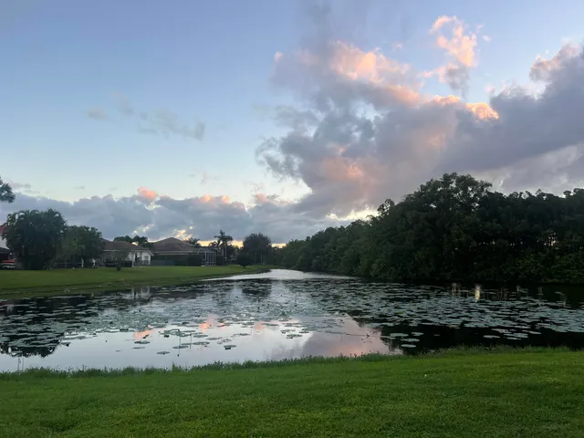 a view of a lake with houses in the back