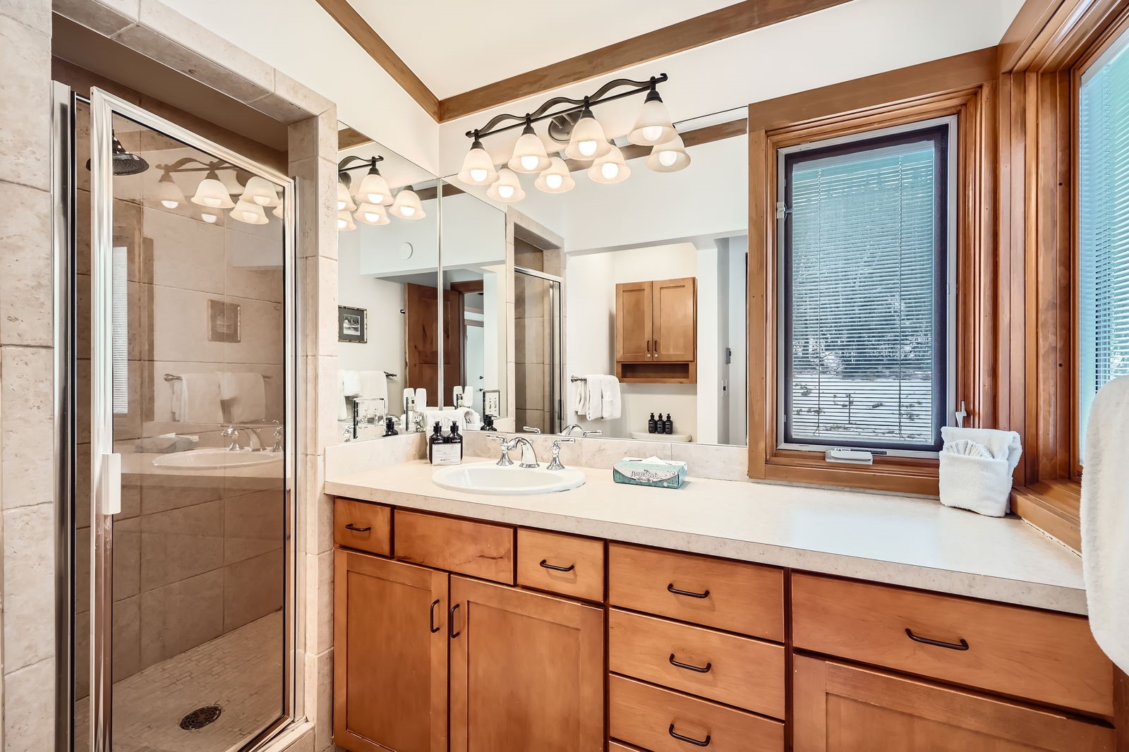440 Tennis Club Road, Unit 1321 Keystone, CO 80435 - Photo 15 of 42 The primary bathroom features vaulted ceilings and bright windows that showcase stunning mountain views, creating a serene and airy retreat