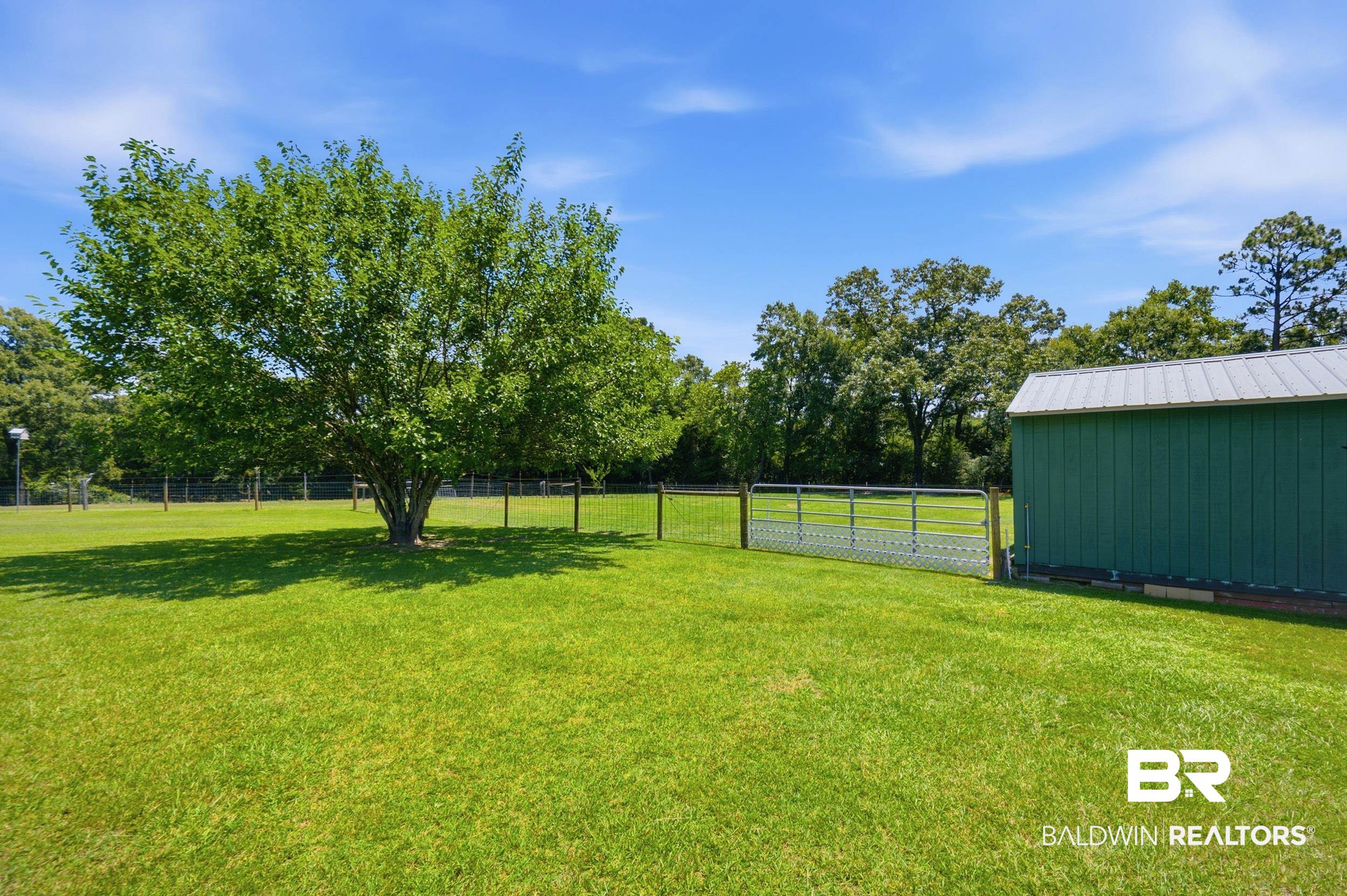 15855 Calvin Richerson Road Bay Minette, AL 36507 - Photo 70 of 83 Expansive green lawn featuring a mature tree, metal fencing, and a green outbuilding with a metal roof