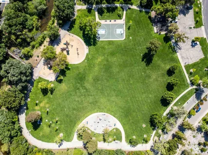 an aerial view of a swimming pool