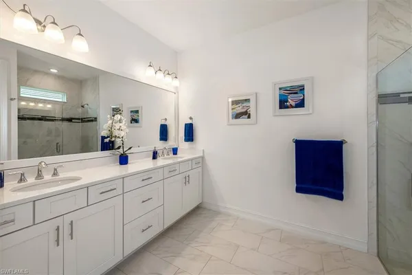 a bathroom with a double vanity sink a mirror and a shower
