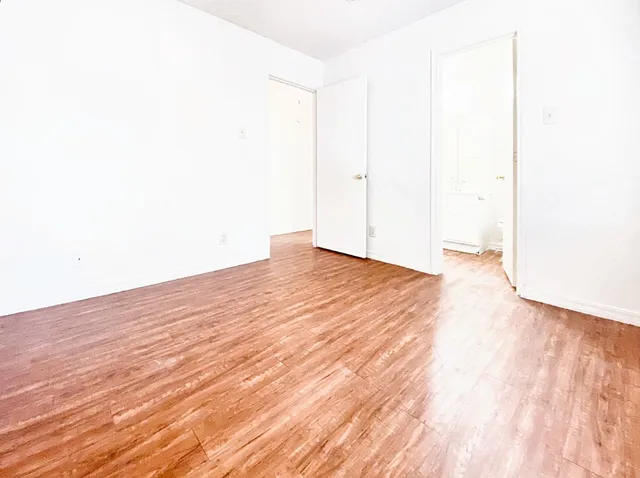 a view of empty room with wooden floor