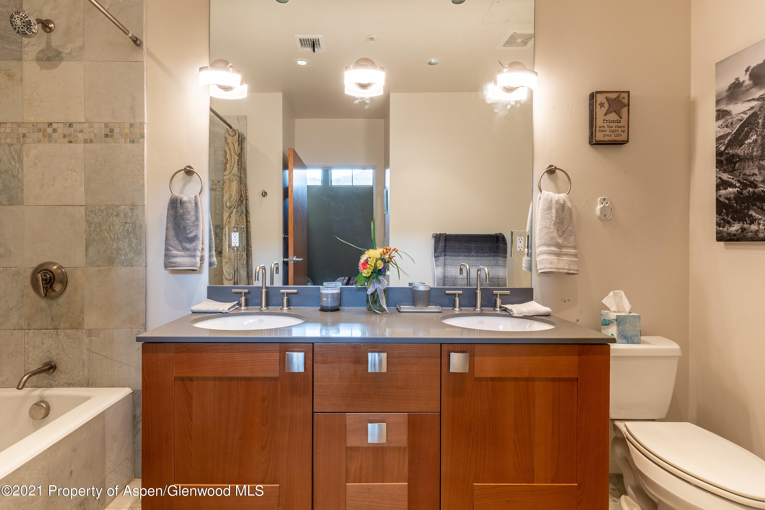 231 Robinson Street, Unit 306 Basalt, CO 81621 - Photo 7 of 15 a bathroom with a granite countertop sink a toilet a mirror and shower