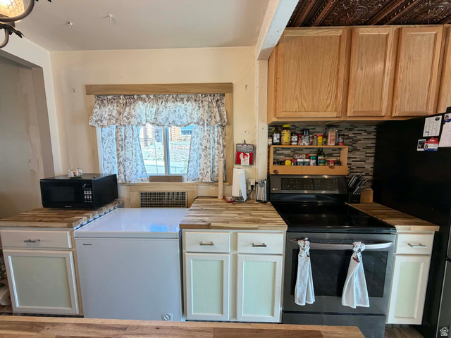156 D Street Helper, UT 84526 - Photo 11 of 24 Kitchen with stainless steel appliances, butcher block countertops, and backsplash
