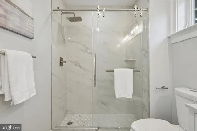 a bathroom with a shower and toilet