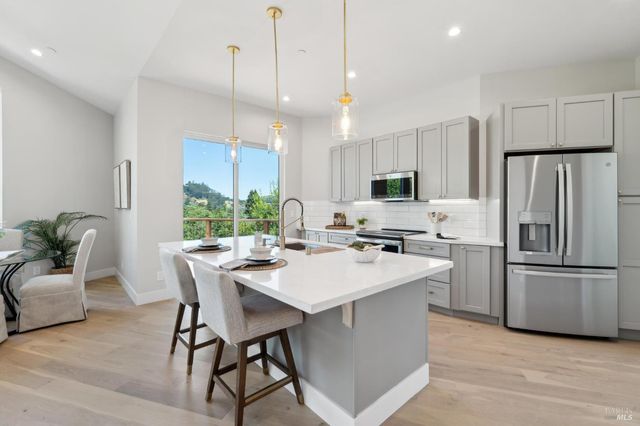 a view of a dining room with furniture
