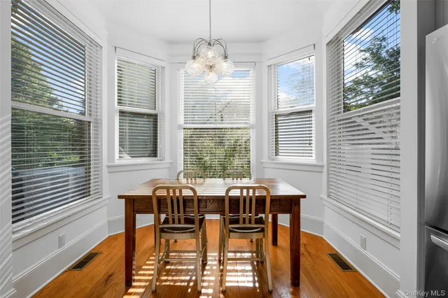 a view of a dining room with furniture and window