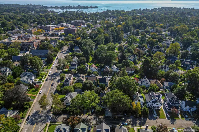 an aerial view of residential houses with outdoor space and trees