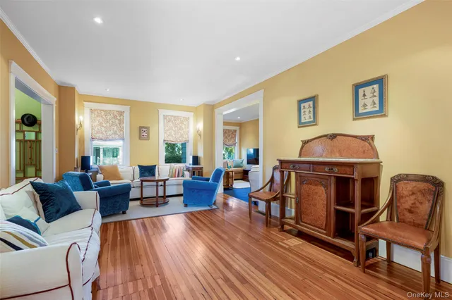 a living room with furniture a rug potted plant and a window