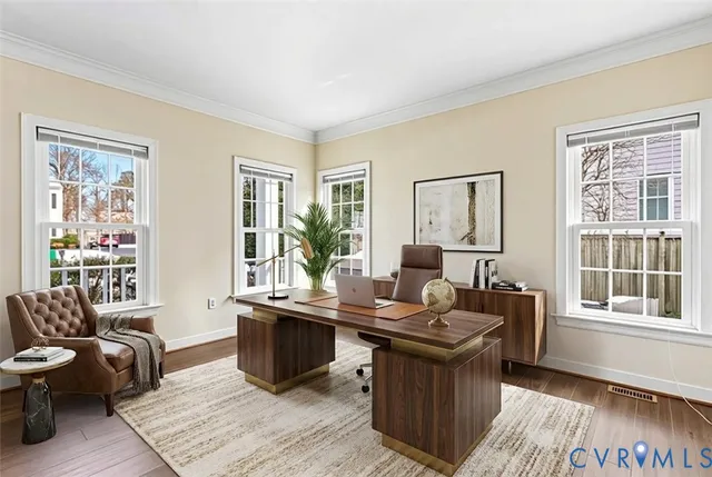 a room with a couch wooden floor and a potted plant