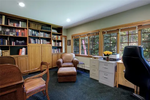 a living room with furniture and a book shelf