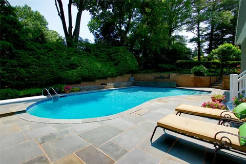 swimming pool view with a garden space
