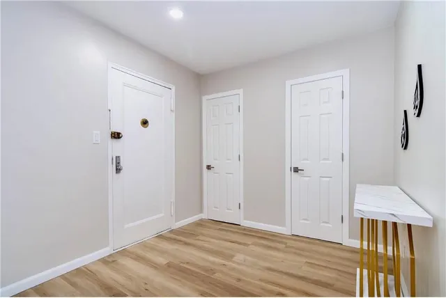 a view of a hallway with wooden floor and closet area