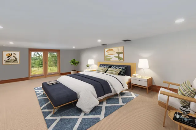 a bed room with furniture and a rug