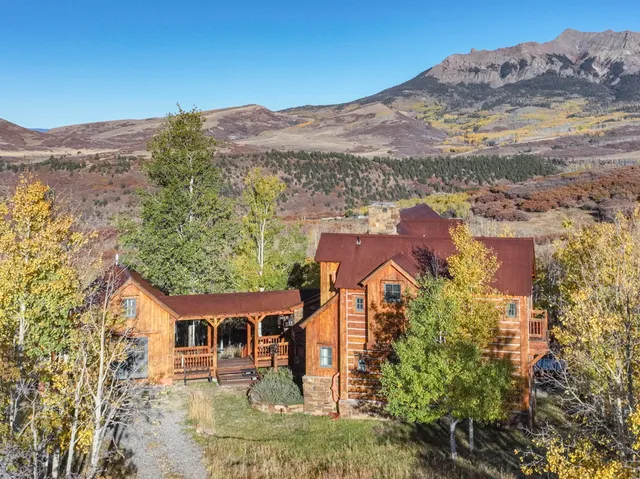 an aerial view of residential houses with outdoor space and trees