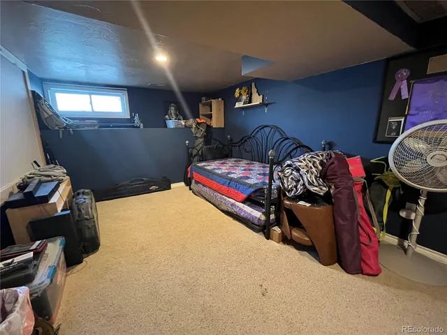 a bedroom with bed and a closet