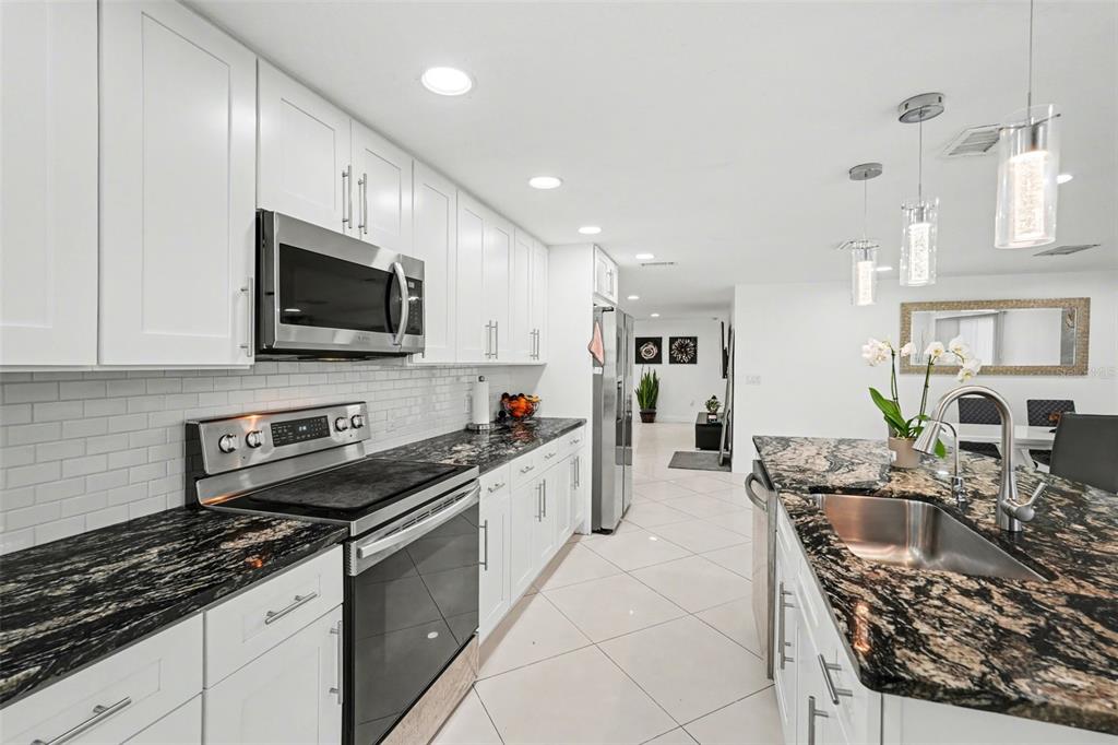 11828 Bingham Drive Port Richey, FL 34668 - Photo 13 of 32 a kitchen with granite countertop a stove sink and microwave