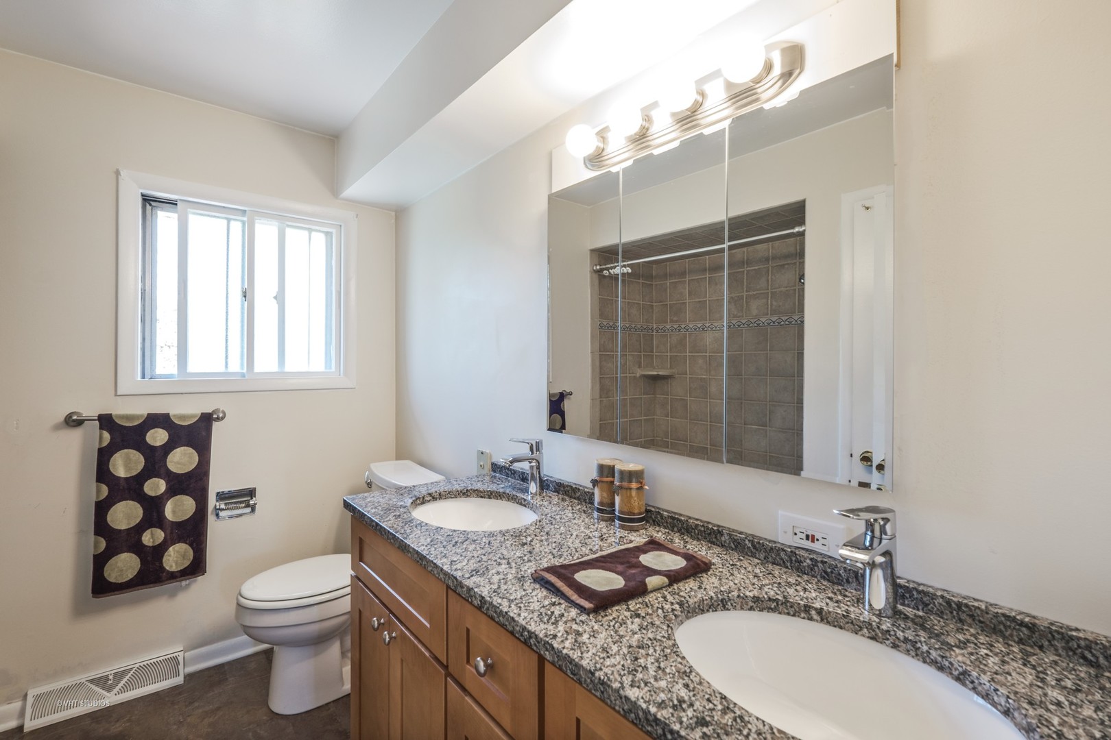 314 Skokie Road Wilmette, IL 60091 - Photo 7 of 14 a bathroom with a granite countertop double vanity sink mirror and toilet