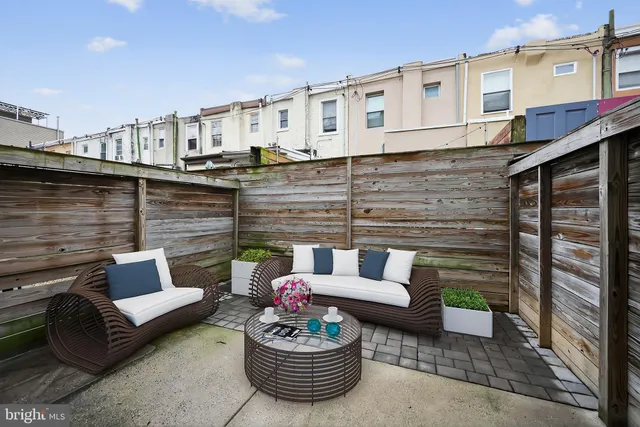 a view of a patio with couches and a potted plant on a table