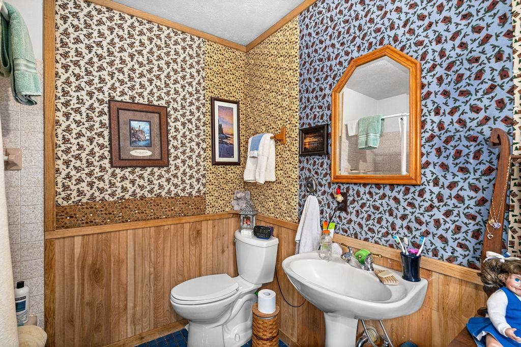 4346 Highway 61 Two Harbors, MN 55616 - Photo 51 of 65 Bathroom with a shower stall, wainscoting, ornamental molding, a textured ceiling, and wooden walls