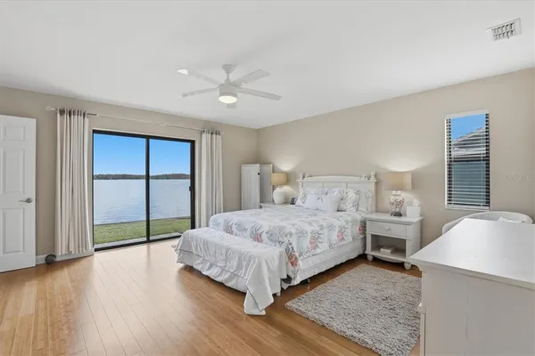 a bedroom with a bed and wooden floor