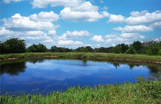 a view of a lake with houses in the back