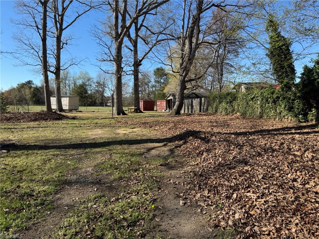 2023 Benaja Road Reidsville, NC 27320 - Photo 28 of 36 Backyard with Outbuildings and Ivy-Covered Fence at 2023 Benaja Road, Reidsville, NC 27320, Rockingham County. Backyard showing outbuildings, storage container, and wooden shed near an ivy-covered fence line. Mature trees and open ground for outdoor use.