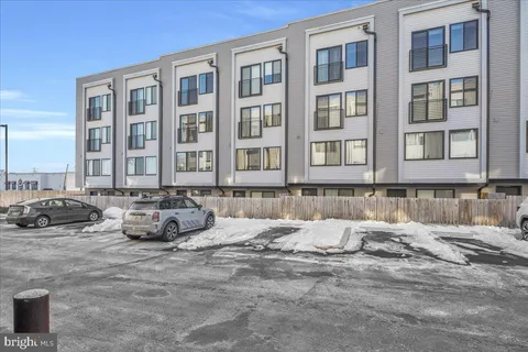a view of a blue and white building