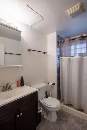a bathroom with a sink a toilet and shower