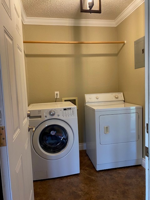 1002 Creekbend Cove Pflugerville, TX 78660 - Photo 11 of 16 Laundry area featuring a textured ceiling, ornamental molding, separate washer and dryer, and electric panel