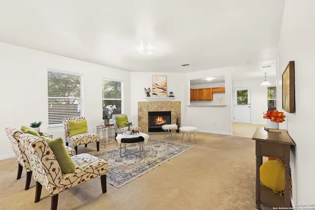 a living room with furniture and a fireplace