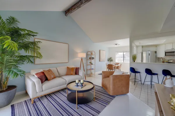 a living room with furniture and a potted plant