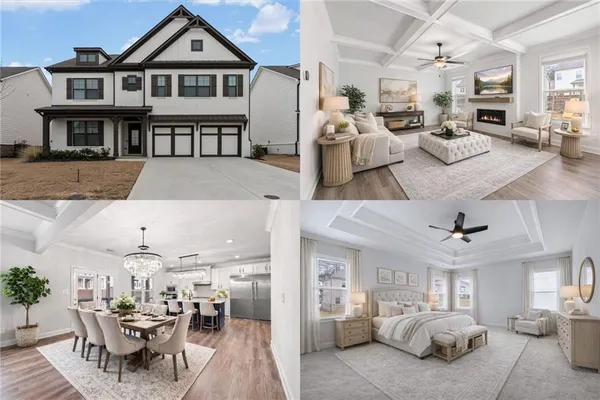 a living room with lots of furniture and view of kitchen