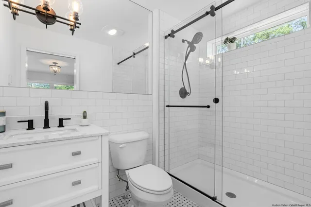 a bathroom with a granite countertop sink toilet and shower