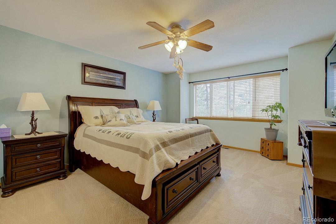 25 Buggy Whip Road Bailey, CO 80421 - Photo 22 of 40 a spacious bedroom with a bed a window and a chandelier